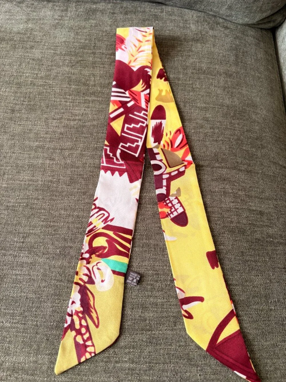 Hermès Yellow Burgundy Silk Twilly Scarf 100% Silk Made in France